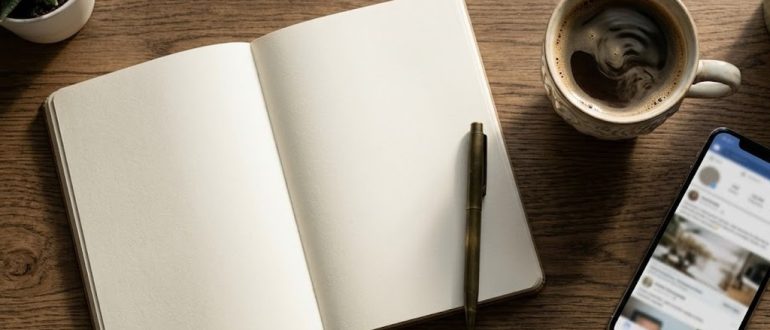 Рабочий стол с блокнотом, кофе и смартфоном с лентой соцсетей